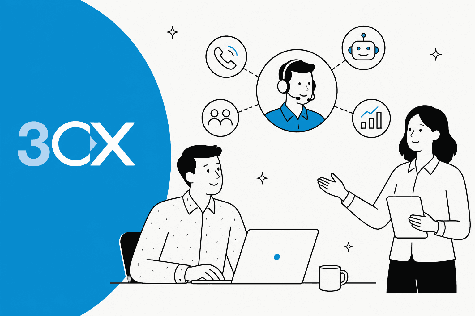 3CX Live Chat pricing hero banner with the 3CX logo on a blue band, a support agent with a headset linked to call, team, chat and reporting icons, and two colleagues at a laptop
