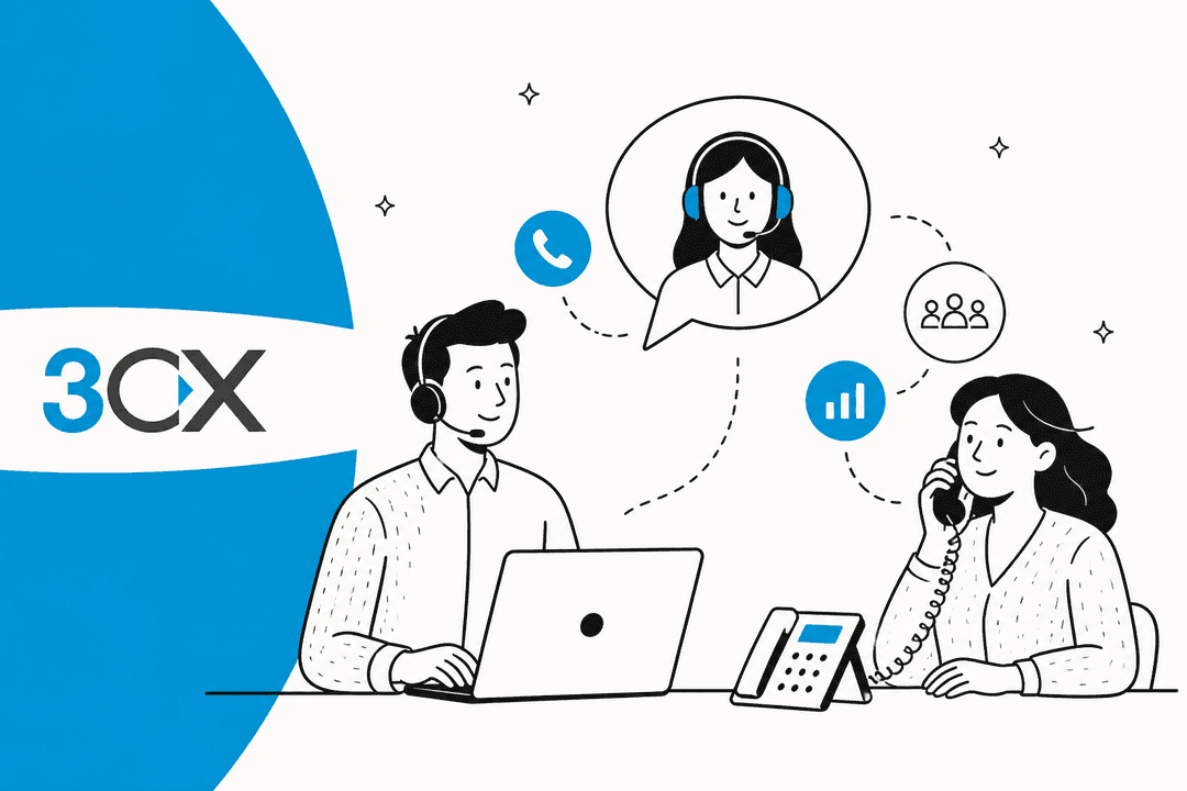 3CX Live Chat review hero banner in 3CX blue, two support agents with headsets at a laptop and a desk phone, linked by chat and call icons, with the 3CX logo on a blue band