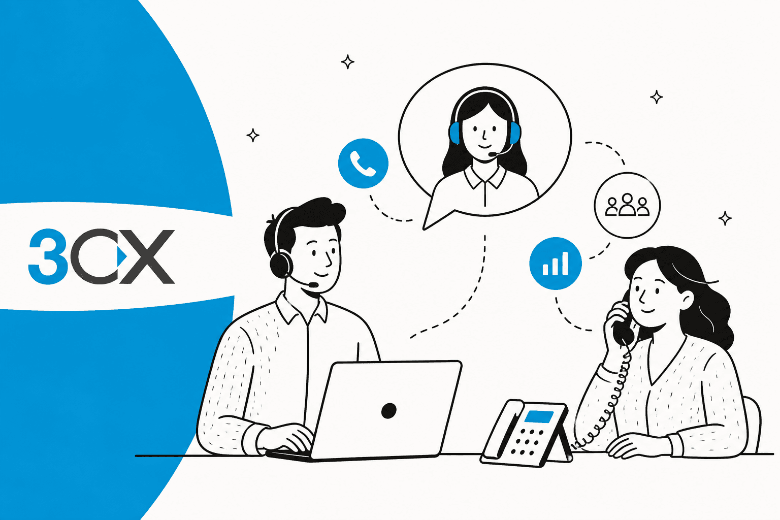 3CX Live Chat review hero banner in 3CX blue, two support agents with headsets at a laptop and a desk phone, linked by chat and call icons, with the 3CX logo on a blue band