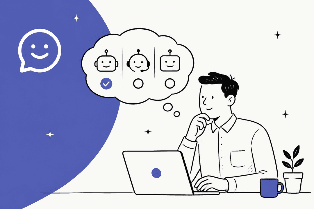 Hand-drawn illustration of a support lead at a laptop thinking about three AI agent options, next to the Adelante chat-bubble logo on a purple shape