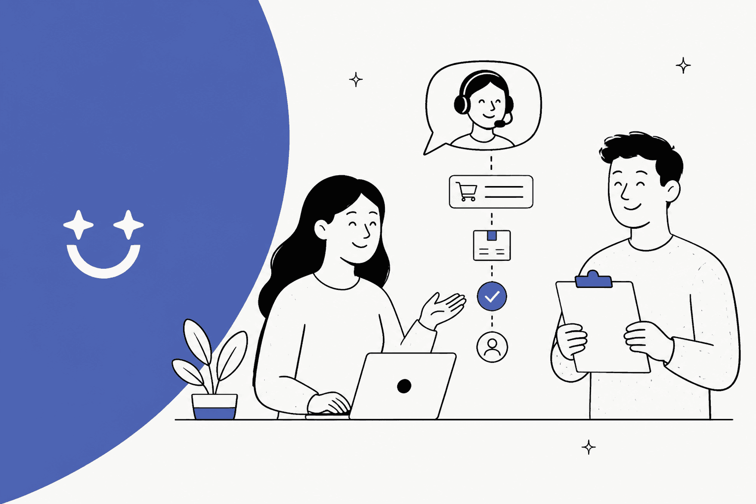 Hand-drawn illustration of two support team members with an AI agent chat bubble and an order, parcel and checkmark flow, for an Adelante AI pricing breakdown