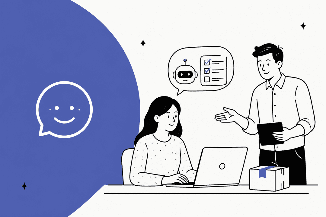 Hand-drawn illustration of a support lead at a laptop and a colleague with a tablet, an AI agent speech bubble with a checklist and a parcel, beside the Adelante chat-bubble logo