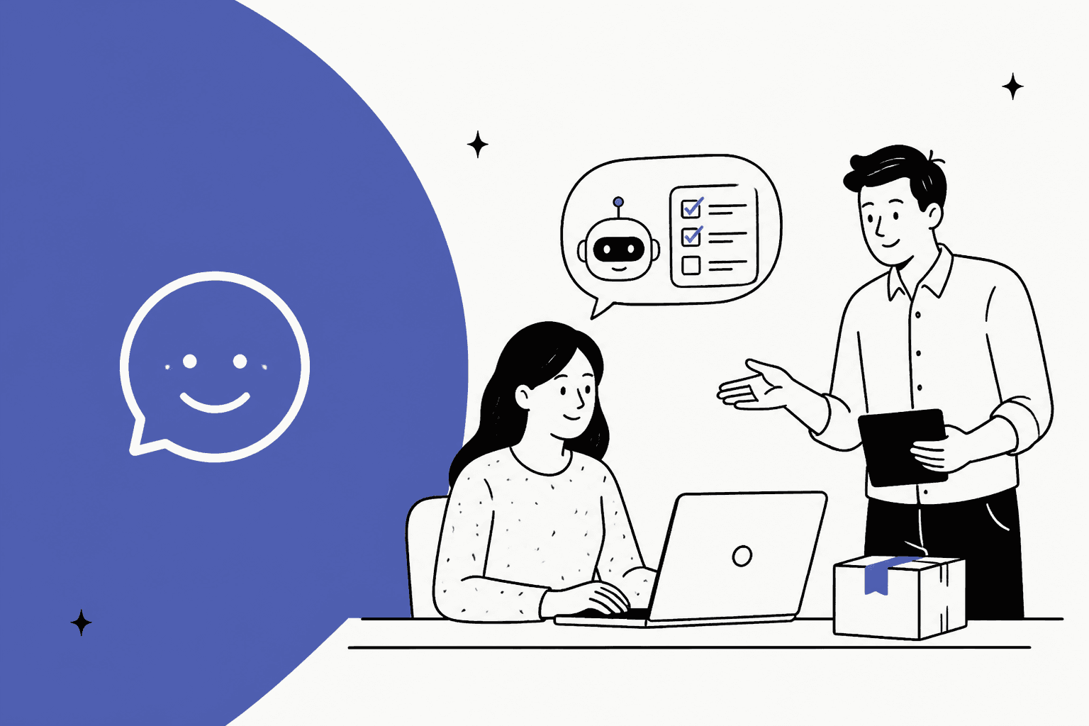 Hand-drawn illustration of a support lead at a laptop and a colleague with a tablet, an AI agent speech bubble with a checklist and a parcel, beside the Adelante chat-bubble logo
