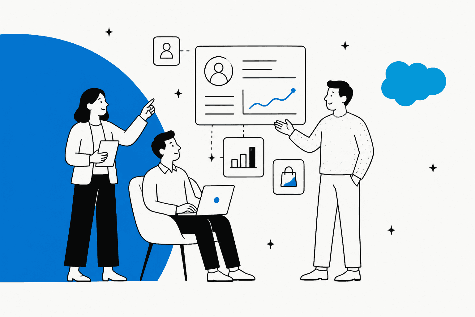 Hand-drawn illustration of a support team reviewing a CRM dashboard beside the Salesforce cloud logo