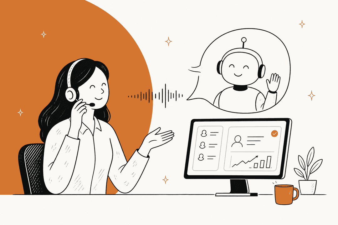 Illustration of a support agent on a headset talking with a friendly AI assistant shown in a speech bubble