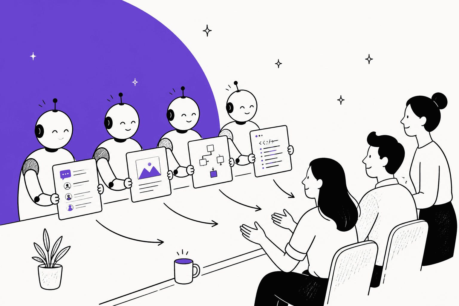 Hand-drawn illustration of four AI helpers at a desk each holding a different job card, a support ticket, a blog draft, a workflow and code, passing finished work to a small human team