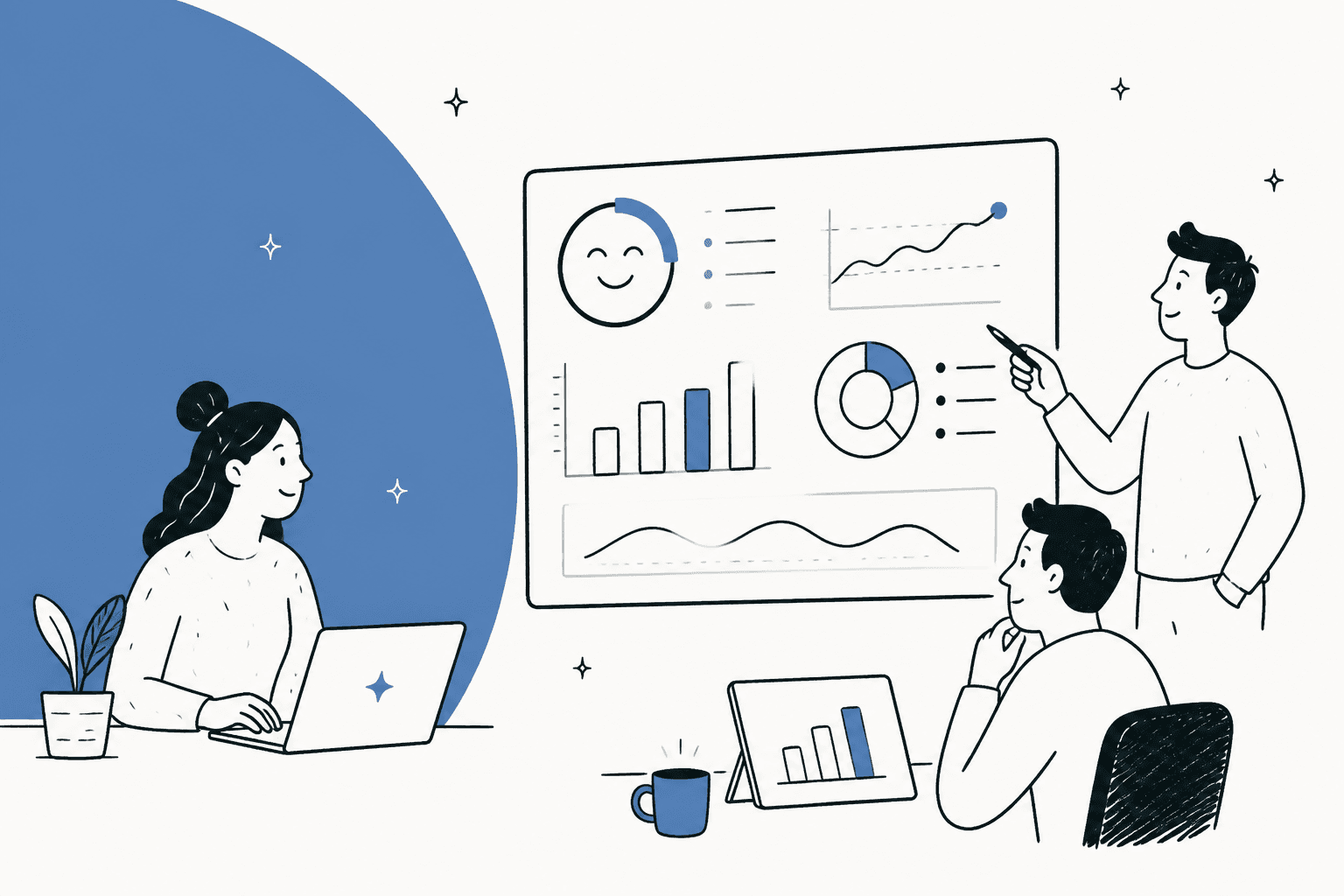Hand-drawn editorial illustration showing AI analytics surfacing customer satisfaction scores and support metrics