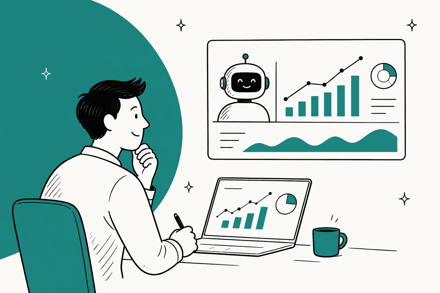Hand-drawn illustration of a support lead studying charts of tickets an AI agent handled