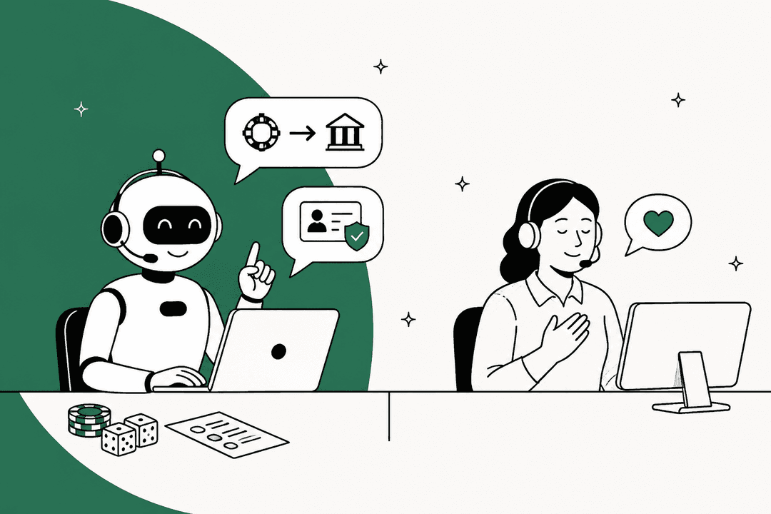 Hand-drawn illustration of an AI support robot answering withdrawal and ID verification questions next to a human agent handling a sensitive player conversation, with casino chips, dice and a betting slip on a green background