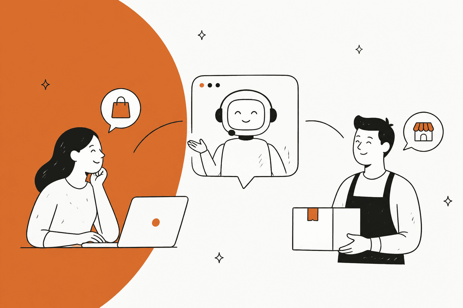 Hand-drawn illustration of a buyer at a laptop and a seller holding a parcel, connected through a friendly support assistant in a chat window, on a terracotta background