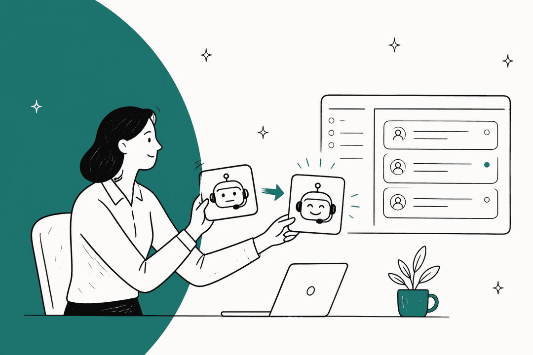 Hand-drawn illustration of a support lead swapping one AI support bot card for another next to a helpdesk ticket queue