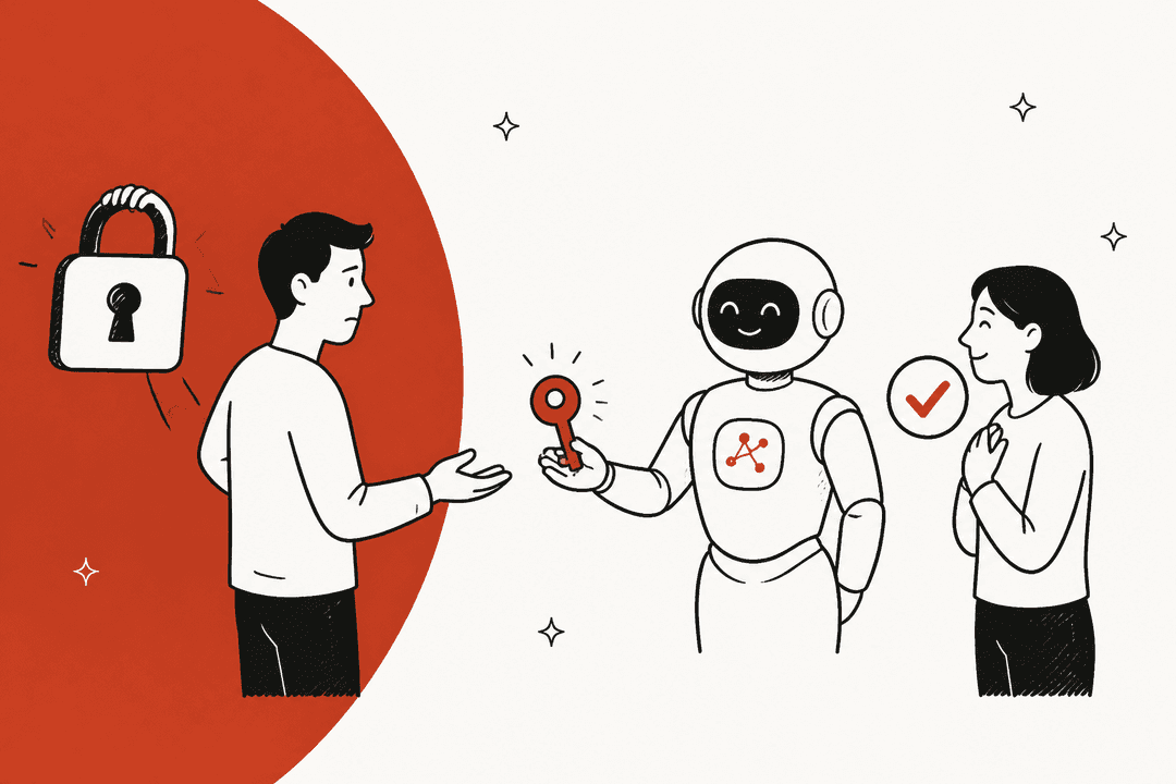 Hand-drawn locked-out customer next to a padlock, a friendly AI helper holding out a red key, and a second person with a check mark beside them