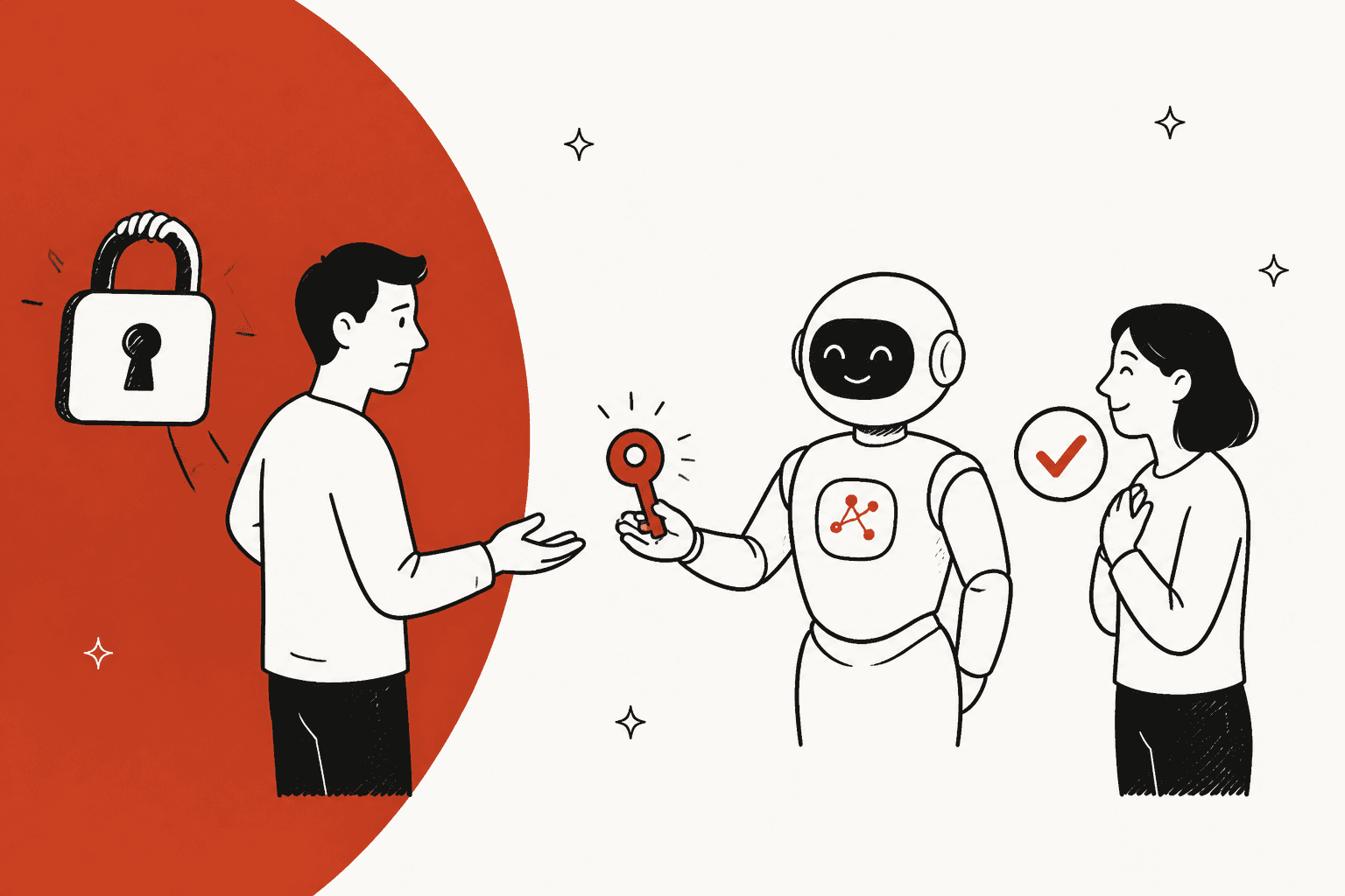Hand-drawn locked-out customer next to a padlock, a friendly AI helper holding out a red key, and a second person with a check mark beside them