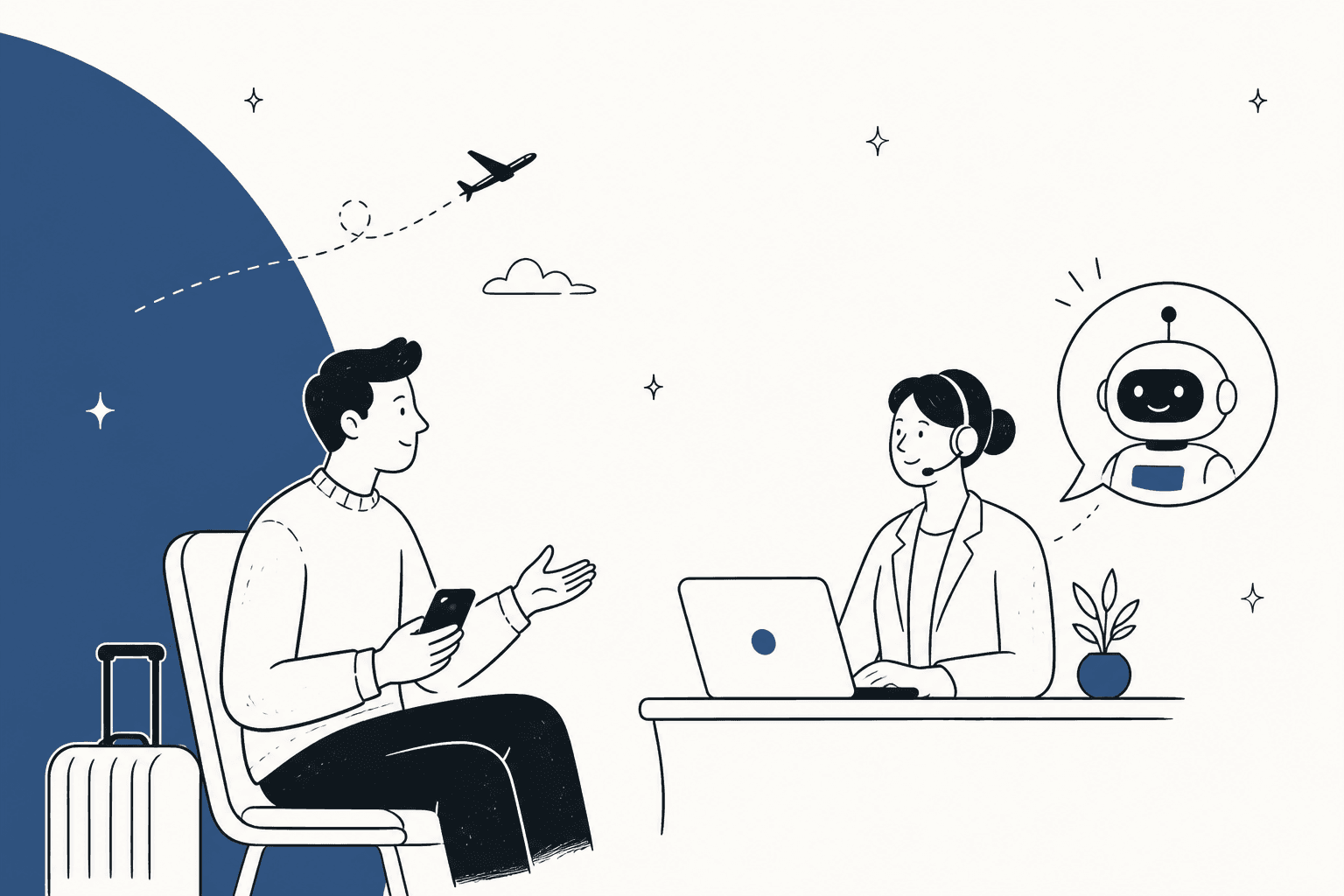 Hand-drawn traveler with a suitcase and phone talking to a support agent at a laptop, with an AI assistant in a speech bubble and a plane flying overhead