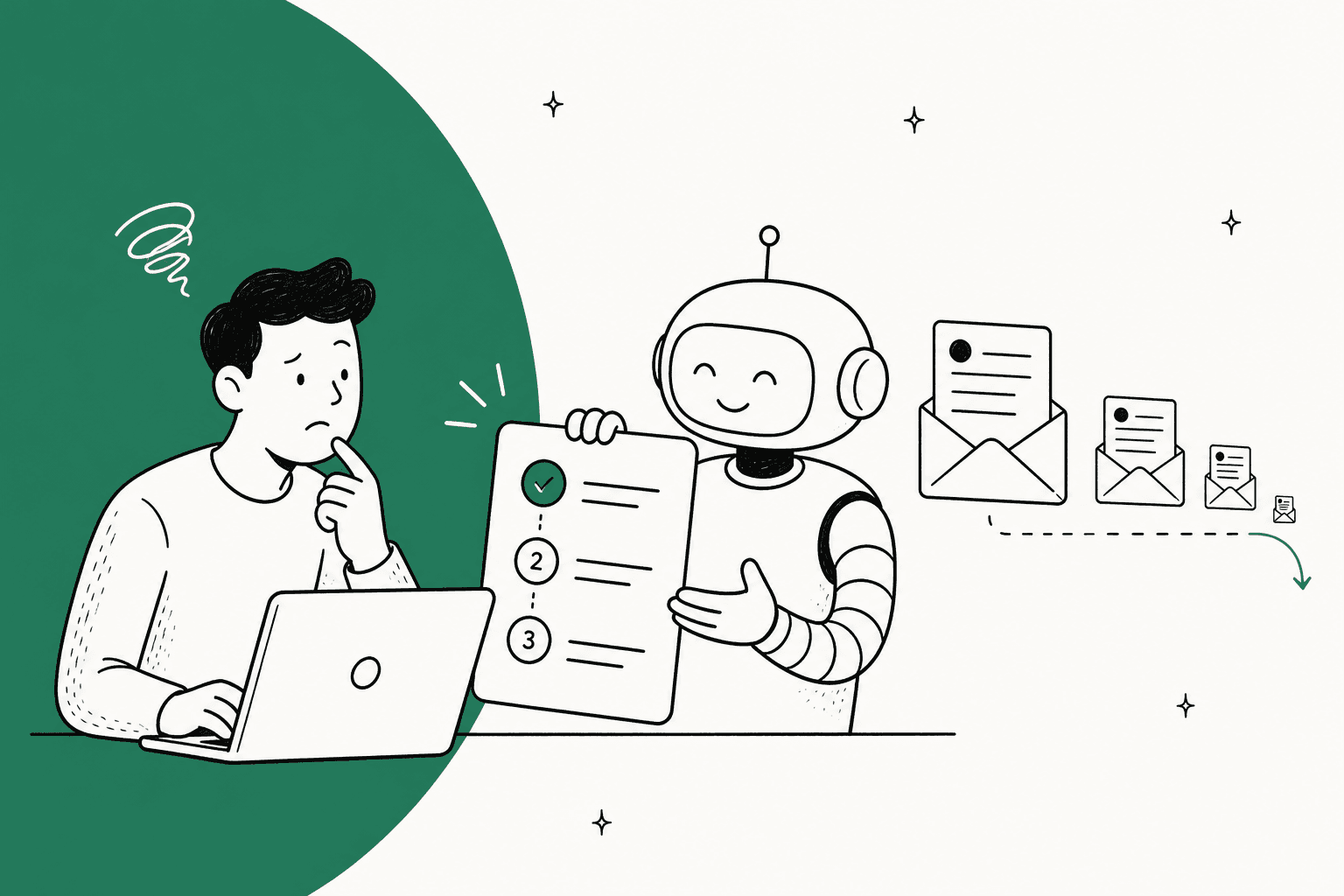 Hand-drawn illustration of a puzzled customer at a laptop while a friendly robot holds up a numbered step-by-step card, with a row of support envelopes shrinking in the background