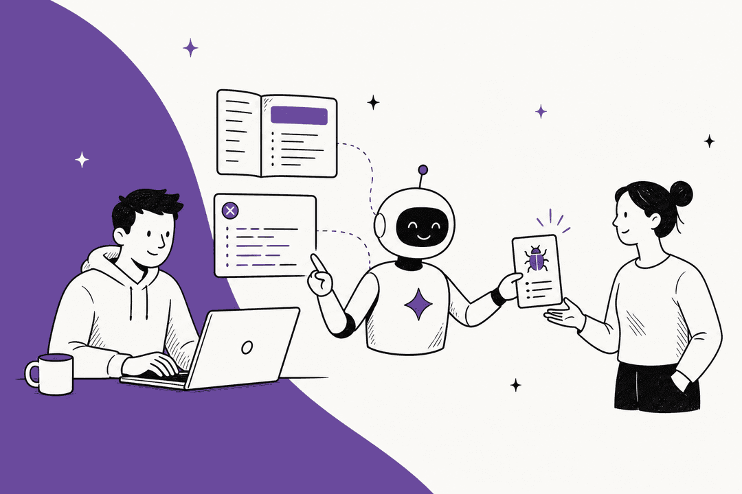 Hand-drawn developer at a laptop while a friendly AI helper reads the API docs and an error log, then hands a bug report card to an engineer