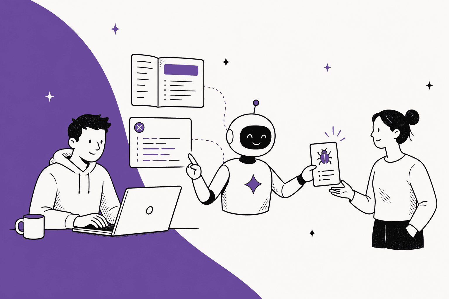 Hand-drawn developer at a laptop while a friendly AI helper reads the API docs and an error log, then hands a bug report card to an engineer