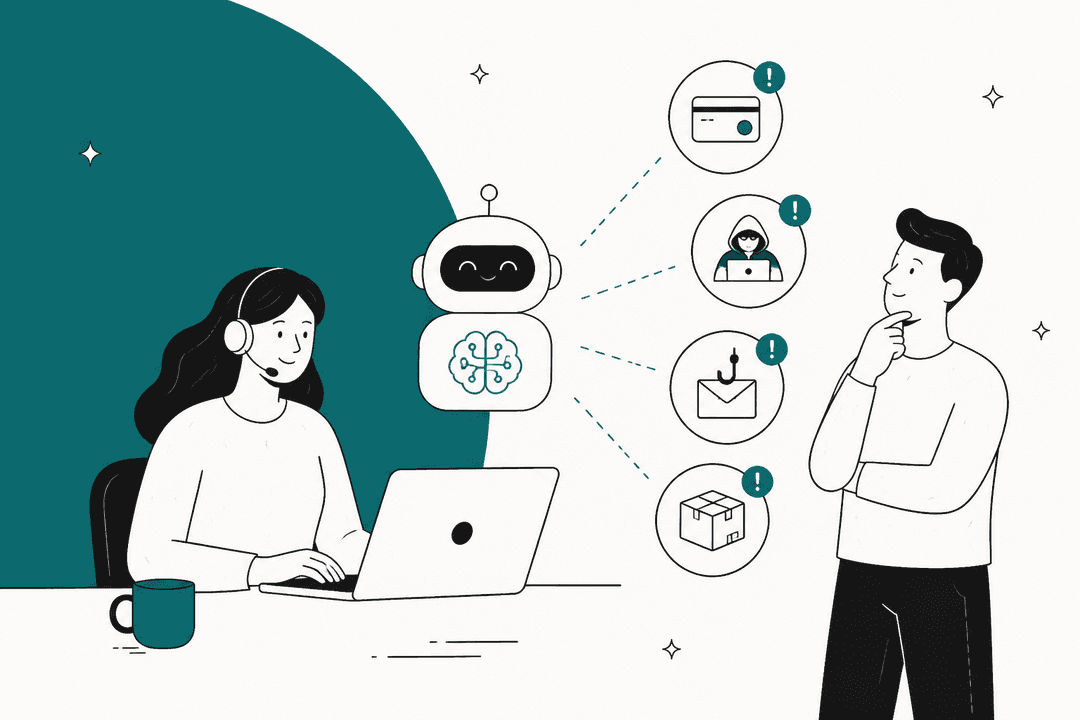 Hand-drawn support agent at a laptop next to a friendly AI helper that sorts four flagged icons: a credit card, a hooded hacker, a phishing email and a parcel, while a teammate looks on