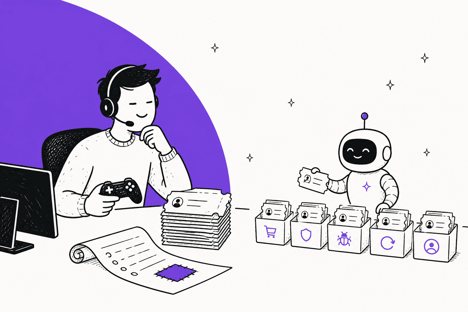 Hand-drawn player support agent at a desk with a game controller, a stack of tickets and a patch notes scroll, while a friendly robot sorts tickets into five bins
