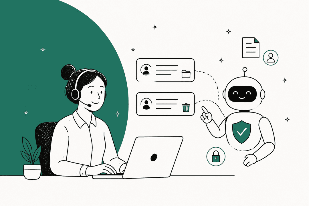 Hand-drawn support agent at a laptop next to a friendly AI helper pointing at two customer records, one with a folder icon for a data copy and one with a bin icon for deletion