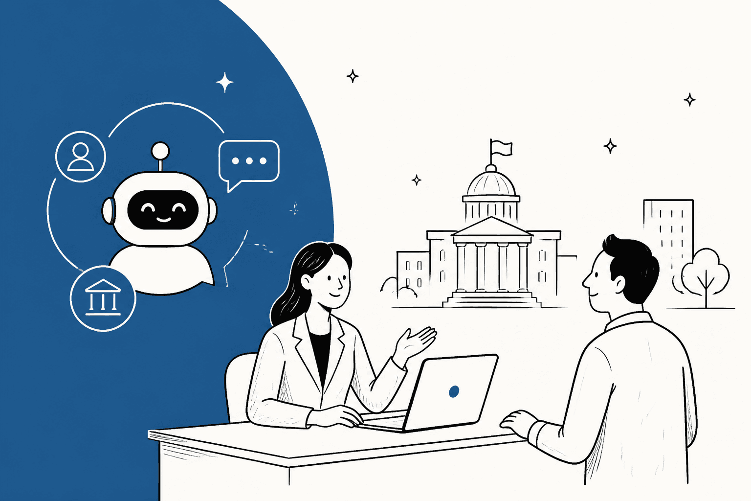Hand-drawn city hall with a resident talking to a staff member at a desk with a laptop, and a friendly AI assistant inside a civic blue circle with a person icon, a chat bubble and a government building icon