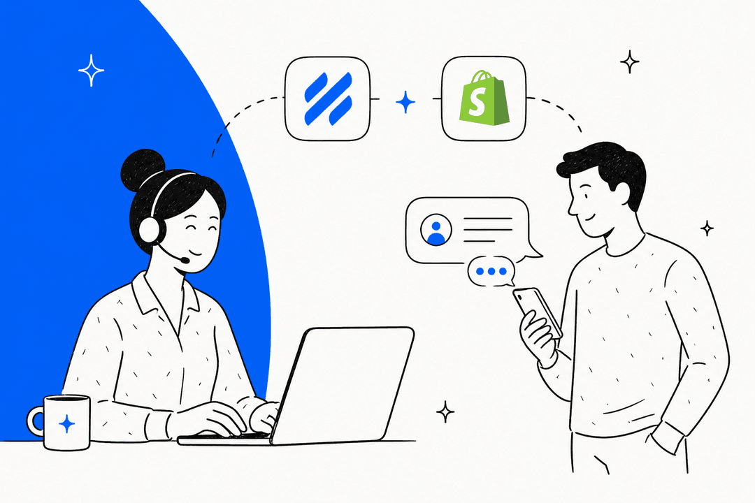 ノートパソコンを使うサポート担当者とスマートフォンを持つ買い物客を、Help ScoutとShopifyのロゴでつないだ手描きイラスト