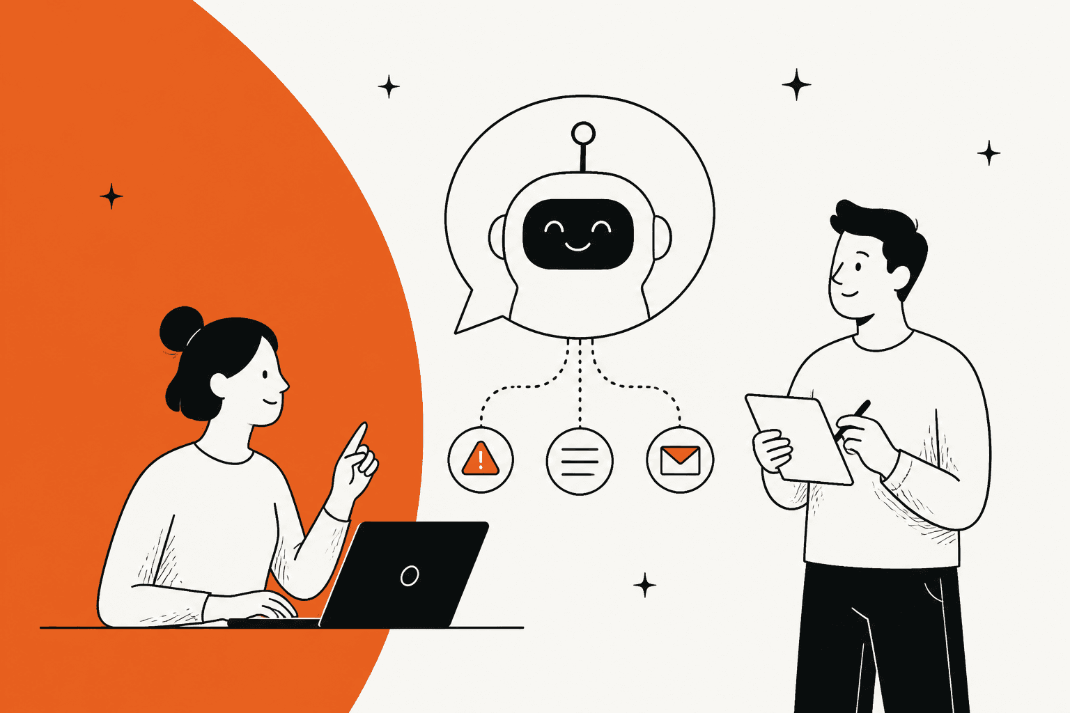 Hand-drawn support agent at a laptop and a colleague with a tablet, with an AI assistant in a speech bubble sending an alert, a note and an email out to different channels