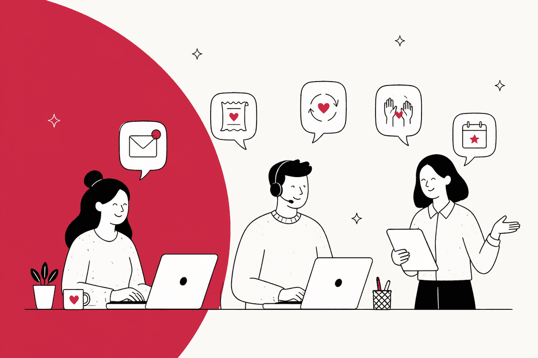 Hand-drawn supporter care team of three at laptops with speech bubbles showing an email, a donation receipt with a heart, a recurring gift loop, volunteer hands and an event calendar, on a rose circle