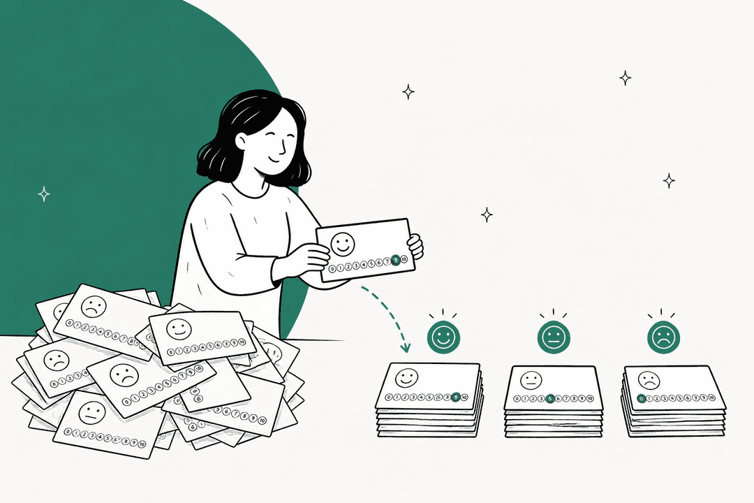 Hand-drawn illustration of a person sorting a messy pile of NPS survey cards with 0 to 10 scores into three neat piles marked with happy, neutral and unhappy faces