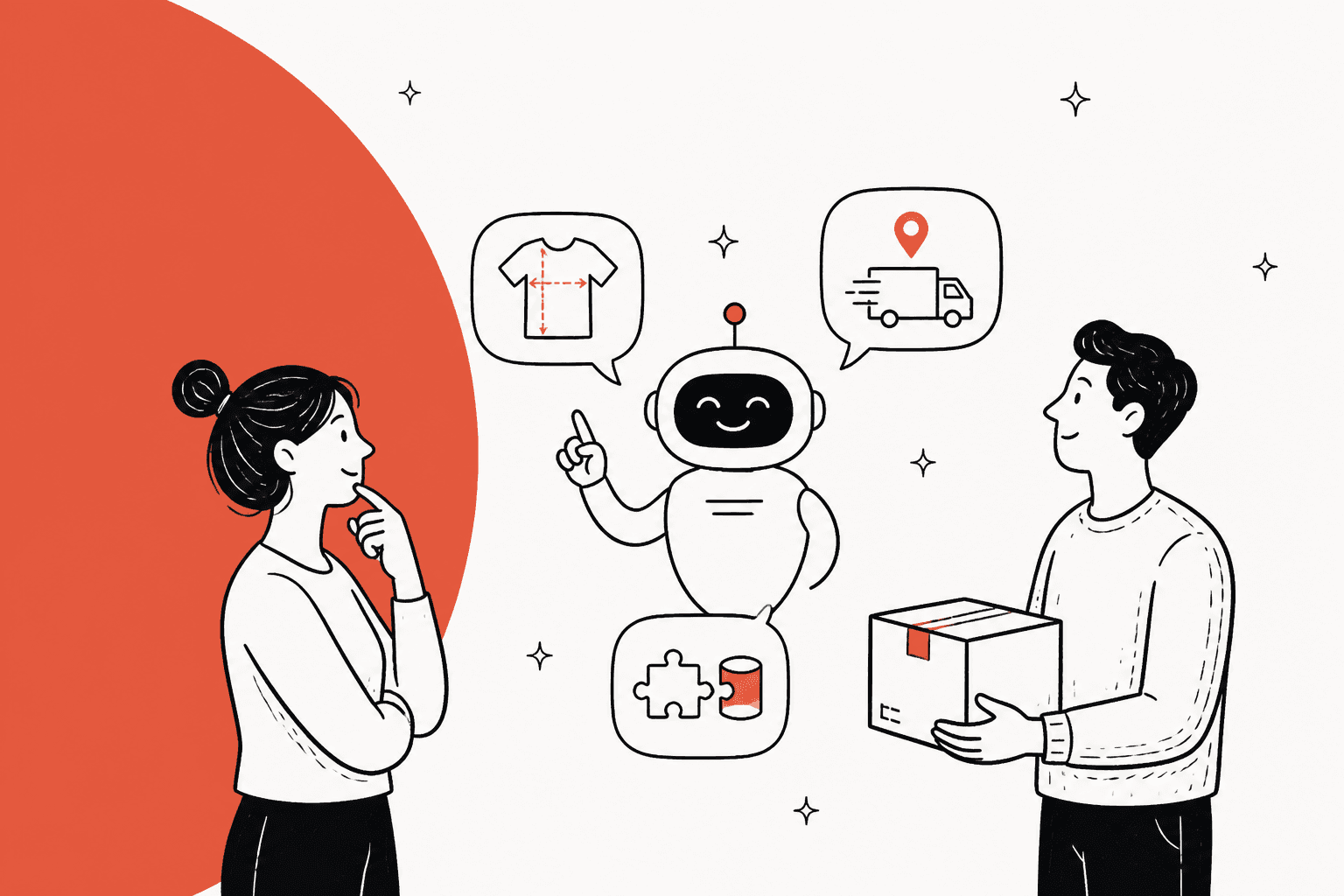 Hand-drawn illustration of a friendly AI assistant between a thinking shopper and a person holding a parcel, with speech bubbles showing a sized t-shirt, a delivery truck and a puzzle piece