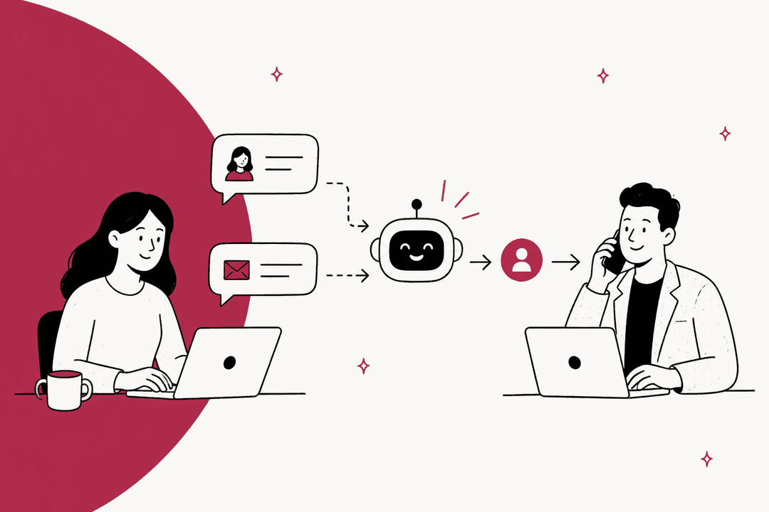 Hand-drawn buyer at a laptop sending chat and email questions to a friendly AI helper, which passes the conversation to a salesperson on the phone