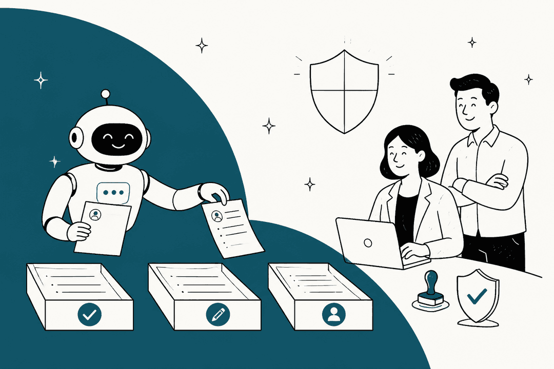 Hand-drawn illustration of an AI helper sorting tickets into three trays marked answer, draft and person, with two support staff, a shield and an approval stamp