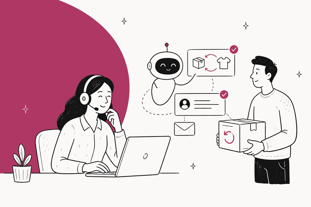 Hand-drawn support agent at a laptop while a friendly AI helper sorts an exchange and a customer carries a return parcel