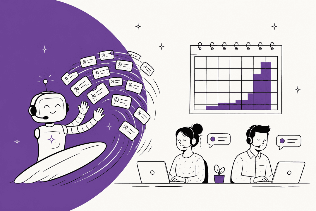 Hand-drawn illustration of a friendly AI teammate surfing a wave of support tickets while two human agents work calmly beside a calendar showing a tall seasonal spike