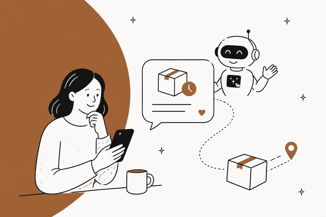 Hand-drawn customer reading a phone message about a late parcel, with a friendly AI helper waving and a box travelling along a dotted route to a map pin