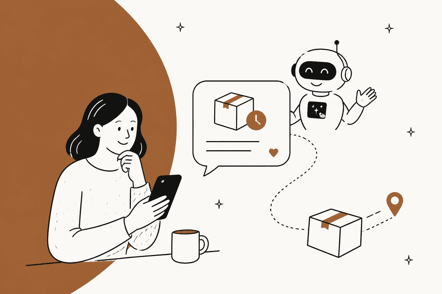 Hand-drawn customer reading a phone message about a late parcel, with a friendly AI helper waving and a box travelling along a dotted route to a map pin