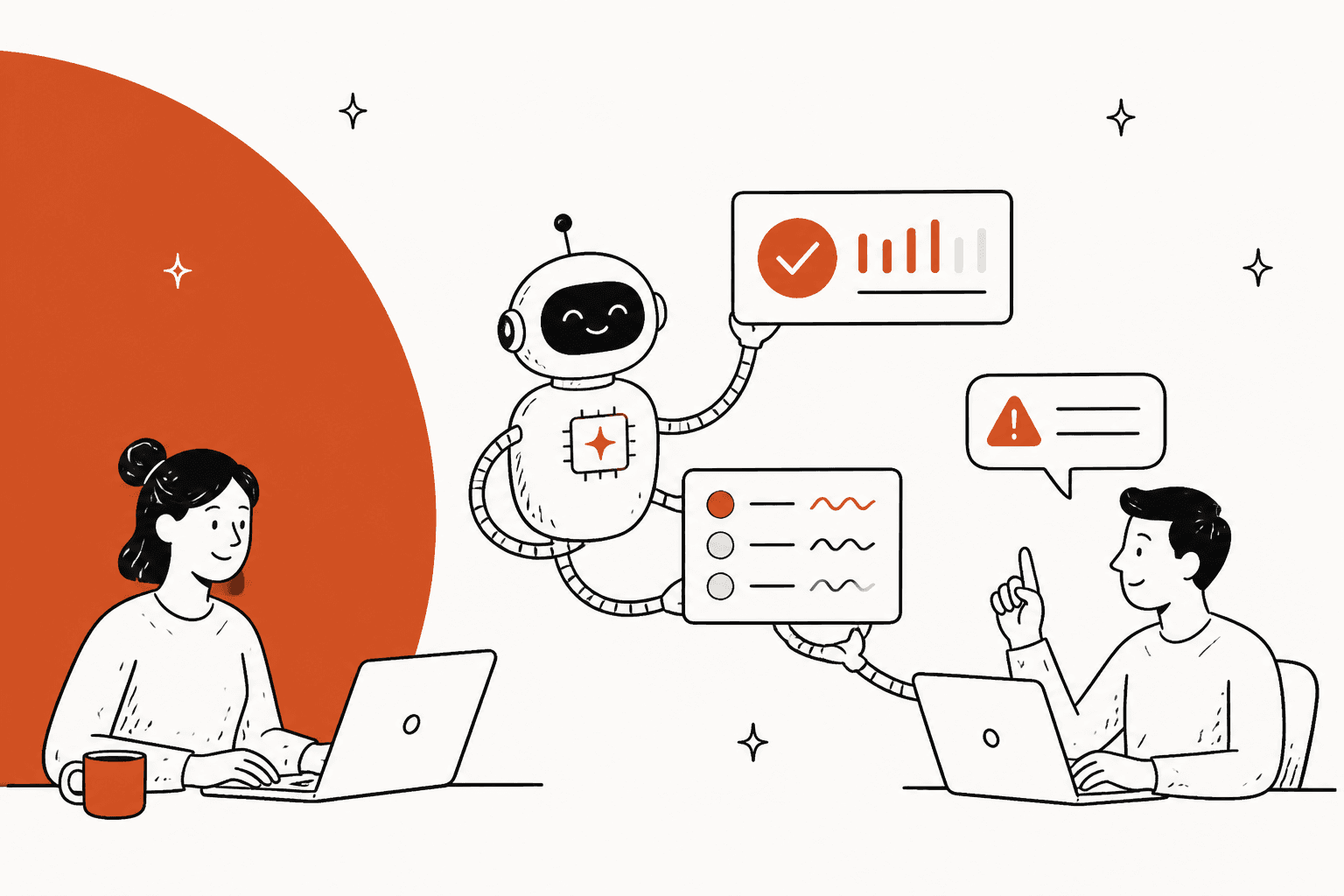 Hand-drawn support agent and engineer at laptops while a friendly AI helper holds up a status card with a check mark and a ticket list, with a warning bubble beside them