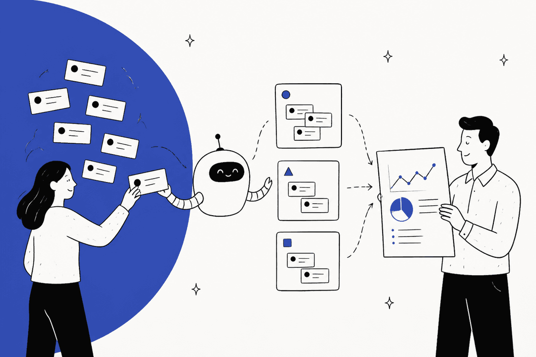 Hand-drawn illustration of a support agent handing tickets to a friendly robot that sorts them into three groups and passes a chart report to a colleague