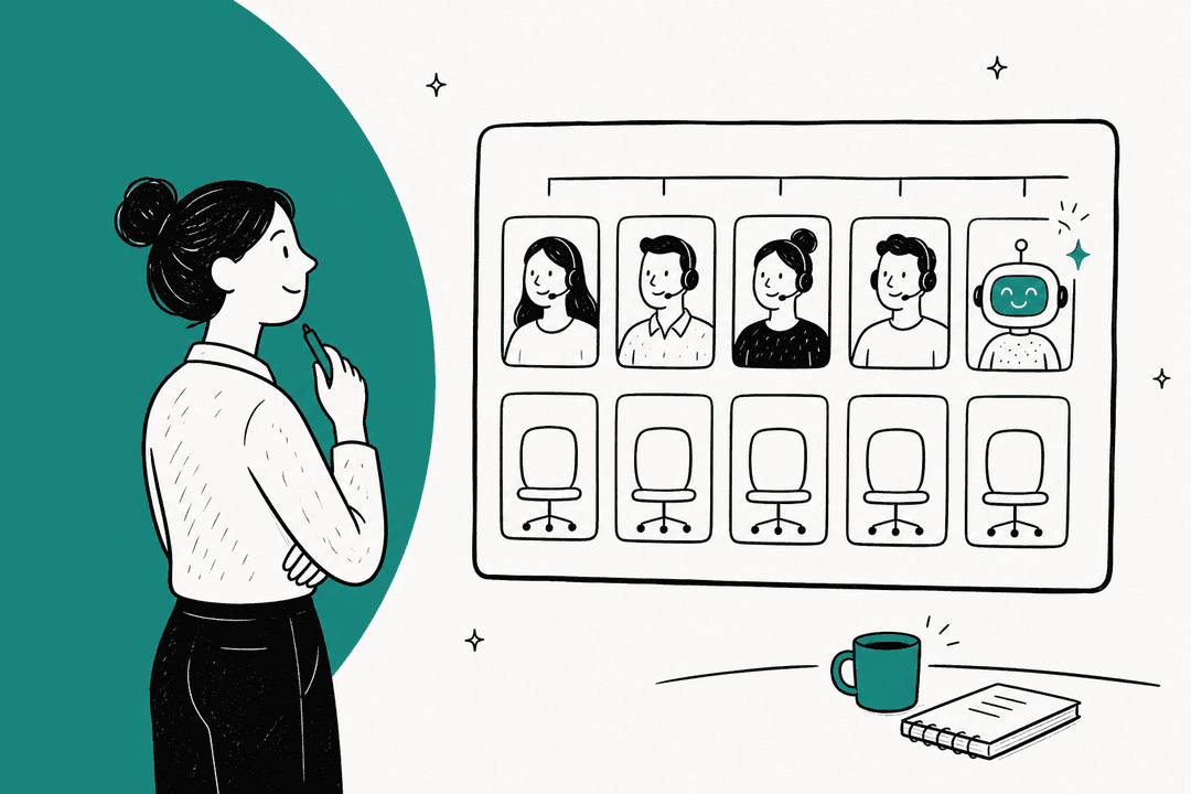 Hand-drawn illustration of a support lead looking at a staffing plan board with four human agents and one friendly AI teammate in the top row and empty chairs below