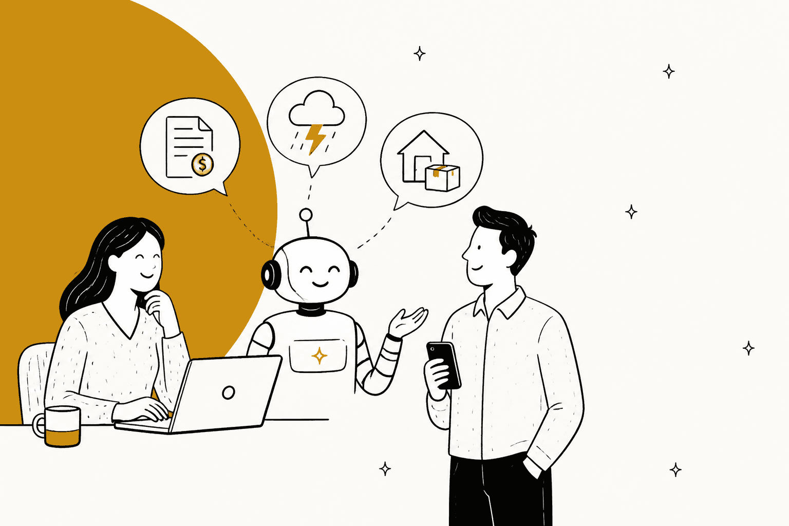 Hand-drawn support agent at a laptop and a customer with a phone, with a friendly AI assistant between them and speech bubbles showing a bill, a storm with a lightning bolt, and a house with moving boxes