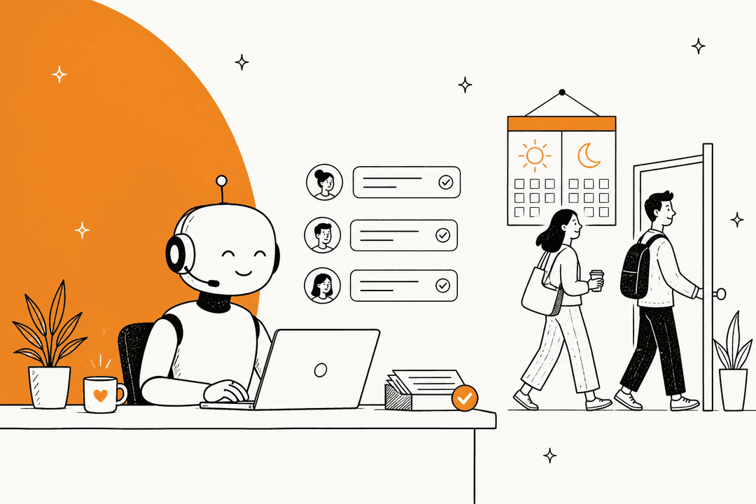 Hand-drawn illustration of a friendly AI support agent at a desk answering tickets while the team walks in on Monday, with a weekend calendar on the wall