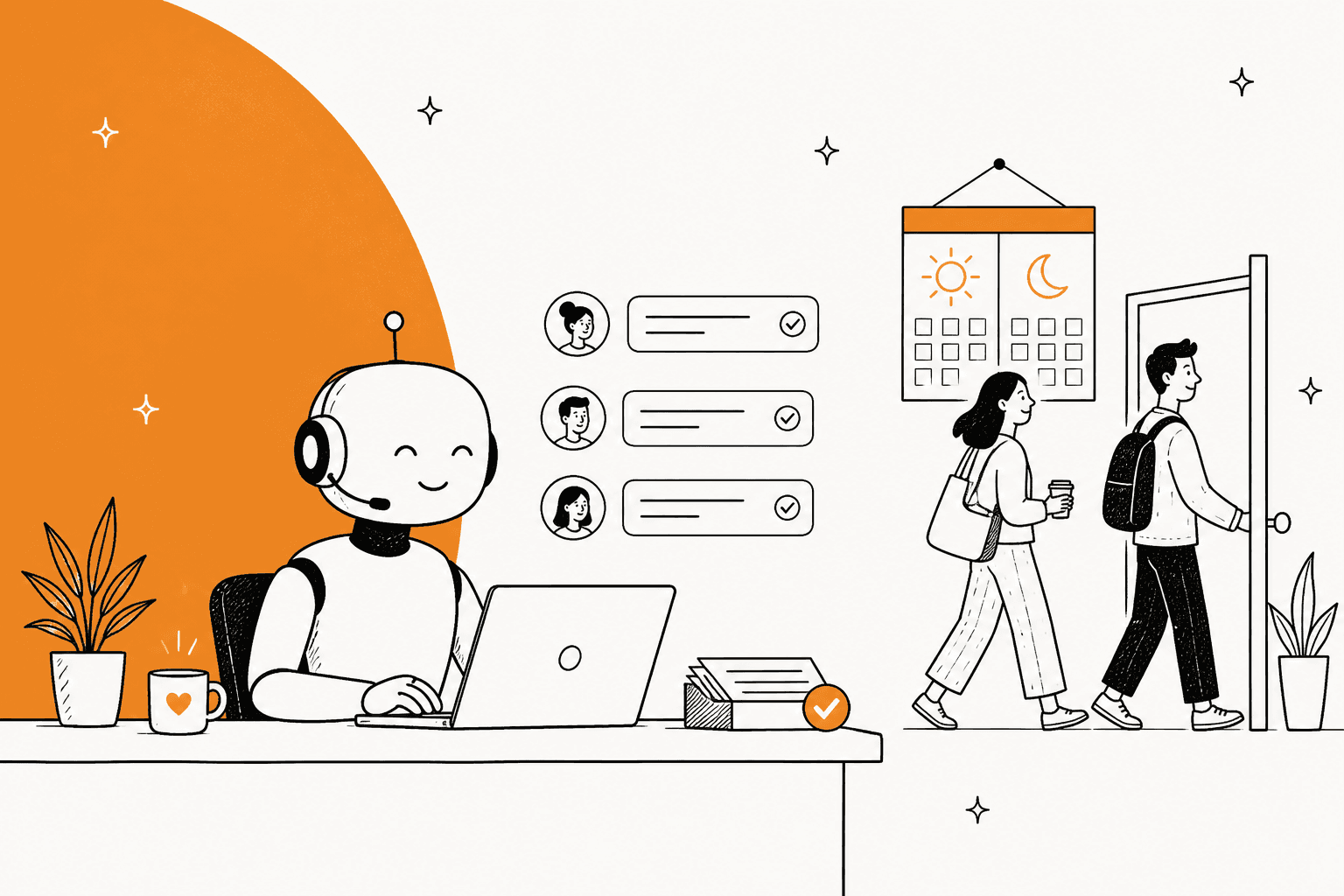 Hand-drawn illustration of a friendly AI support agent at a desk answering tickets while the team walks in on Monday, with a weekend calendar on the wall