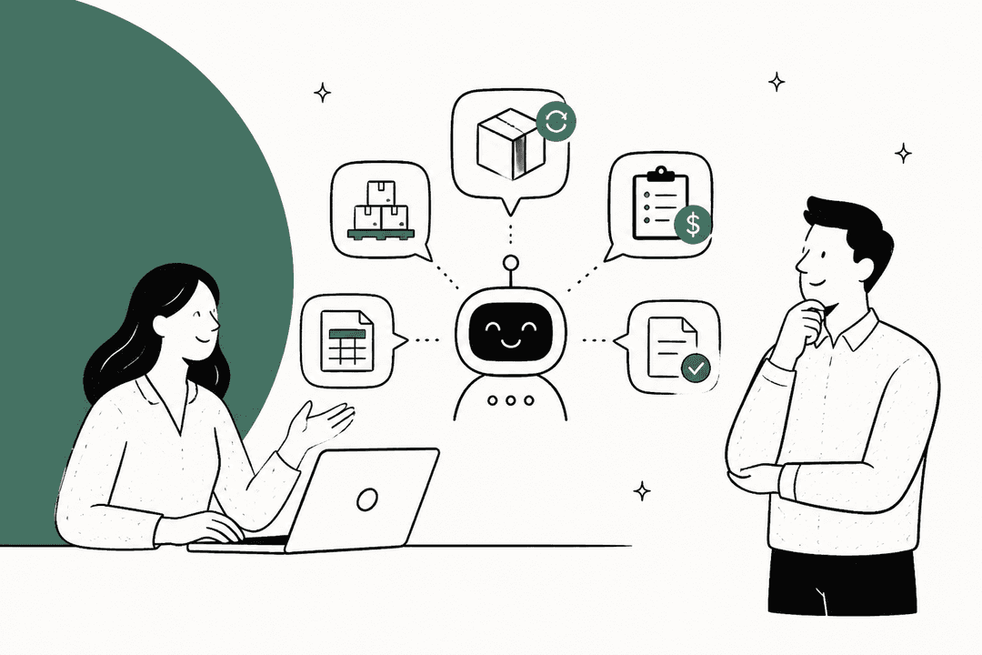 Hand-drawn support teammate at a laptop while a friendly AI helper connects a reorder box, a pallet of cases, a price sheet, an invoice and a checked order for a wholesale buyer