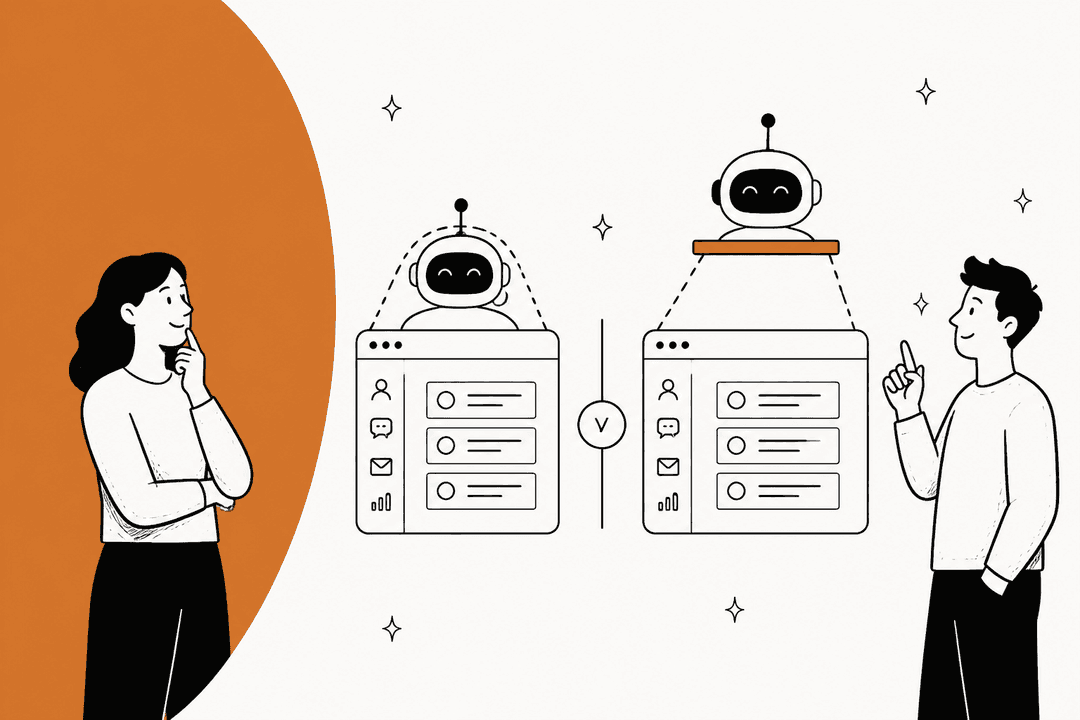 Handgezeichnete Illustration von zwei Helpdesk-Fenstern: in einem steckt ein KI-Roboter, im anderen sitzt ein KI-Roboter auf einer Schicht darüber, dazu zwei Personen, die beide vergleichen