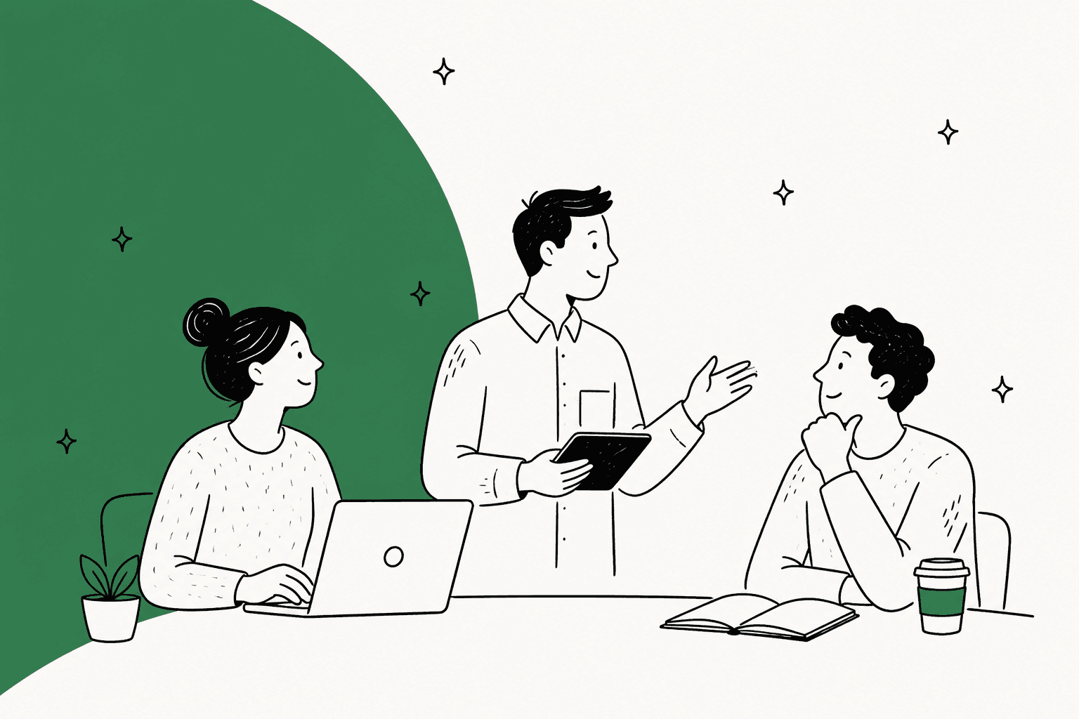 Illustration of a small team learning together with AI tools