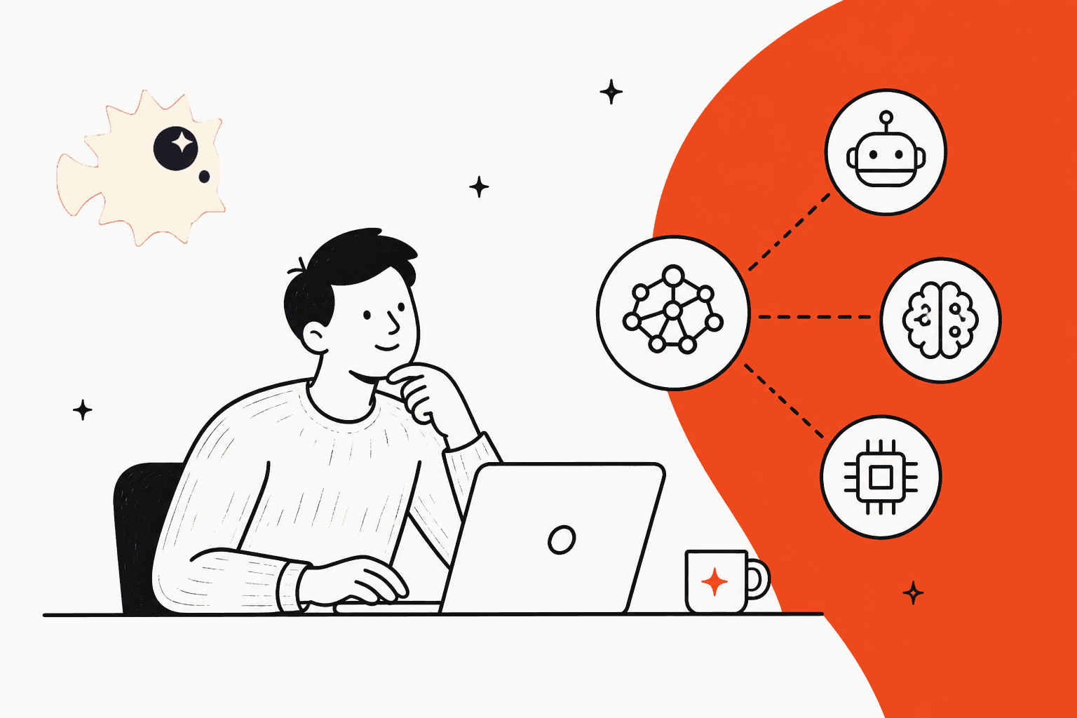 AI Puffer alternatives hero banner with the AI Puffer pufferfish logo, a person thinking at a laptop, and an orange shape holding a network icon linked to a bot, a brain and a chip
