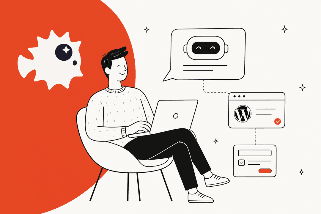 AI Puffer review hero banner on an orange circle with the AI Puffer pufferfish logo, a person on a laptop beside a chat bubble, a WordPress window and a form card
