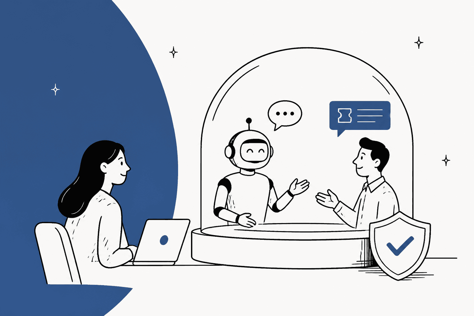 Hand-drawn illustration of a person at a laptop watching a support robot talk to a customer inside a glass test dome, with a shield check mark, on a slate blue background