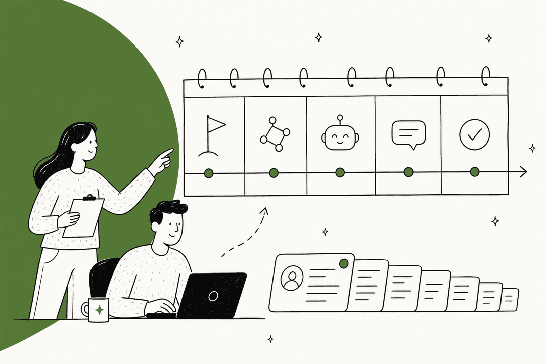 Hand-drawn illustration of two support teammates reviewing a week-by-week calendar with a flag, a bot, a chat bubble and a check mark, beside a line of ticket cards