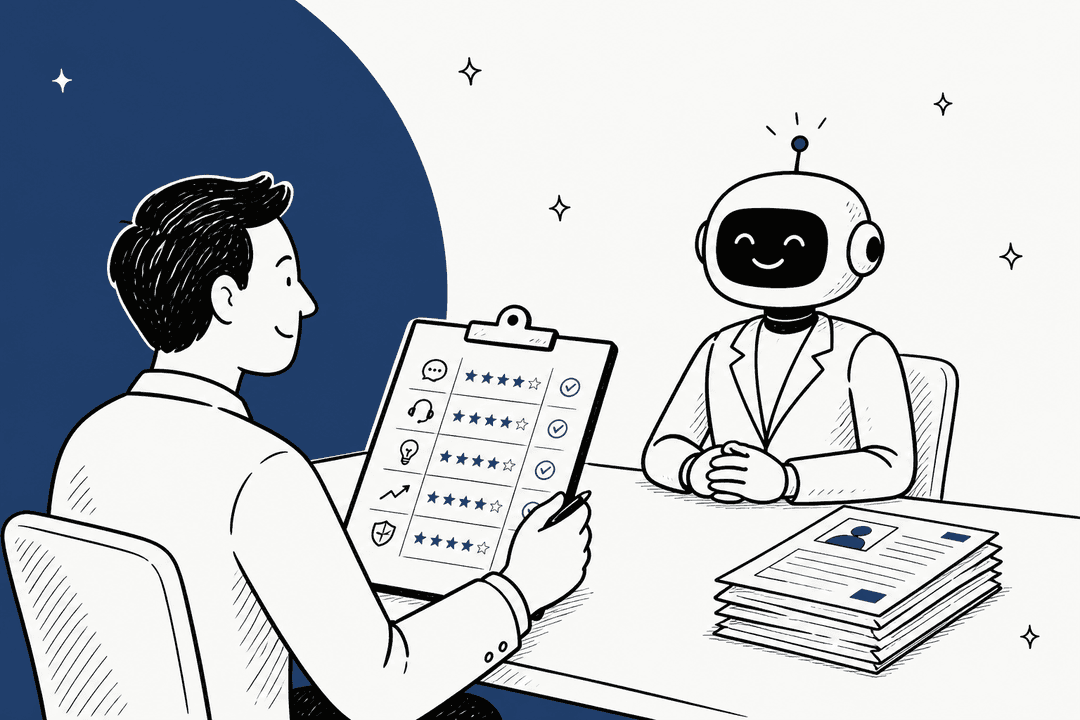 Hand-drawn illustration of a support lead holding a scored checklist on a clipboard while interviewing a friendly robot across a desk, with a stack of past support tickets on the table